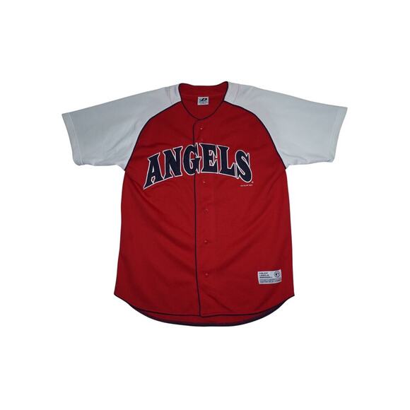 Vintage 2000s Dynasty Angels MLB Jersey Red White Raglan Button Up Men’s Medium - Picture 1 of 6